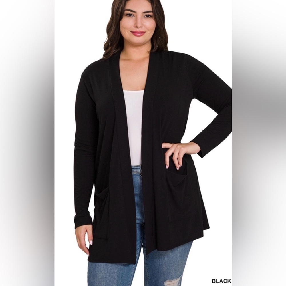 Zenana Outfitters | Plus Women's Black Open Front Cardigan